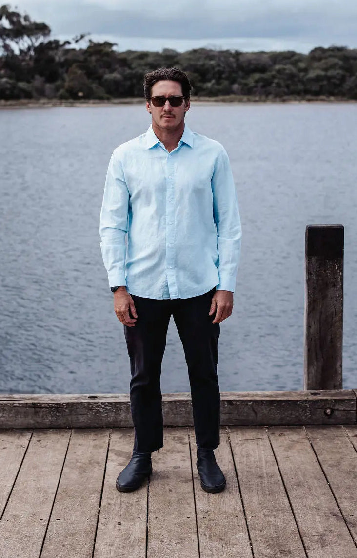 Origins Linen Cotton Shirt . Sky Blue harsunaustralia