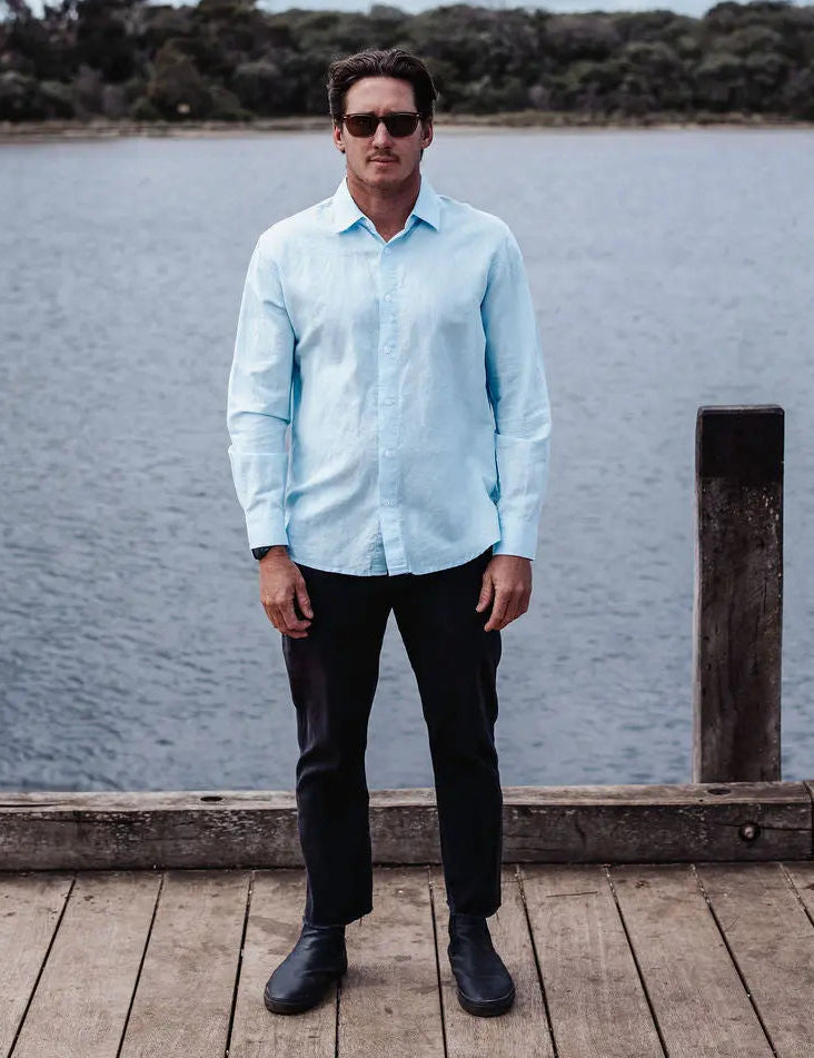 Origins Linen Cotton Shirt . Sky Blue harsunaustralia